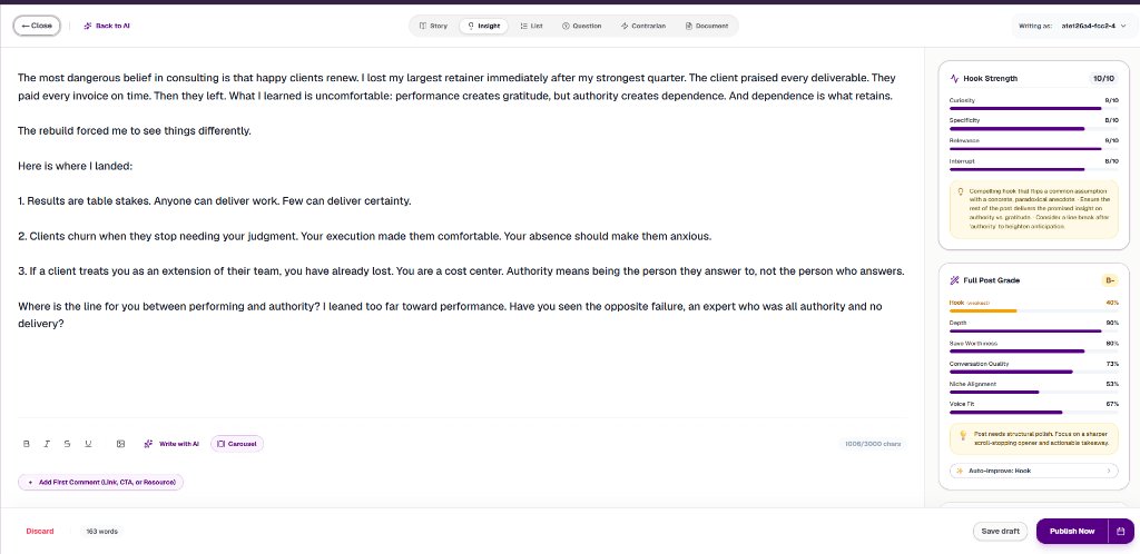 Authormity Post Editor with Live 360Brew Grader